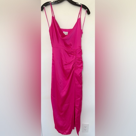 Milly NWT Lilliana Satin Ruched Side Slit Cowlneck Pink Midi Dress - Picture 2 of 8